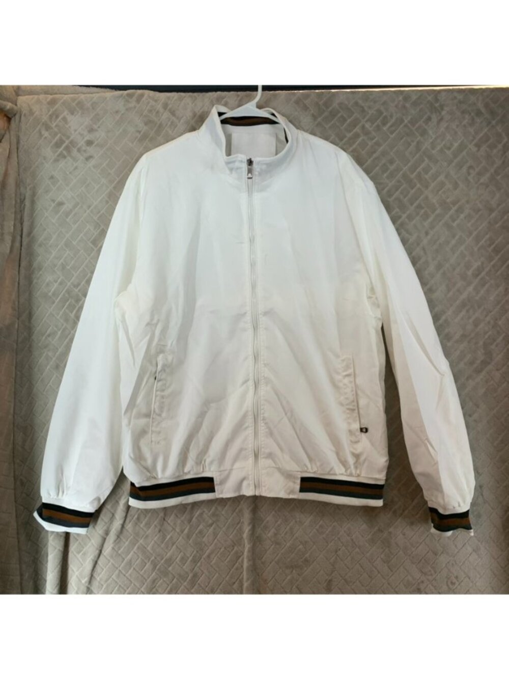 Windbreaker Jacket Mens XXL White Varsity Mock Neck Zip Up Lightweight Sports